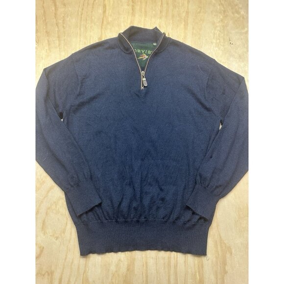 Orvis 100% Merino Wool Men's XL Navy Blue Knit Ribbed Mock Neck 1/4 Zip Sweater - Picture 3 of 6